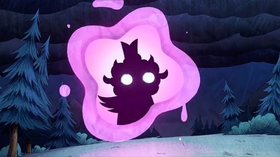 Don't Starve Together Cult of the Lamb: a purple portal with a crowned lamb figure comiung out of it