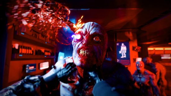 Killing Floor 3 horror roots: A Zombie with red spectacles is choked by a man off-screen, his teeth showing as he grimaces