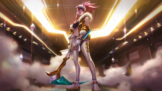 League of Legends patch notes: Akali, a pink-haired champion, stands wielding a scythe in her hands under a lit ceiling