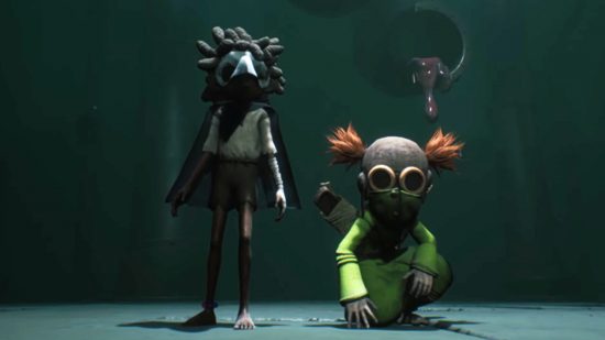 Little Nightmares 3 characters beside one another, one with a bird-like beaked mask and the other with tufts of orange hair and yellow goggles