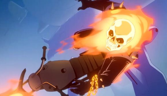 Marvel Snap Steam: Ghost Rider, a skeletal figure with a flaming skull, rides a motorcycle through the sky