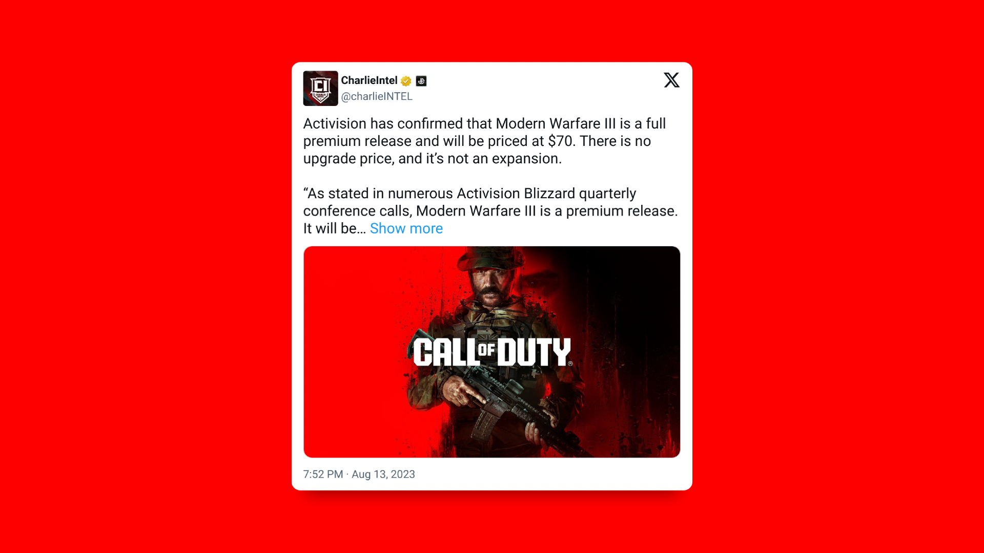 Post detailing Modern Warfare 3's confirmed price by Activision on Charlie Intel's Twitter