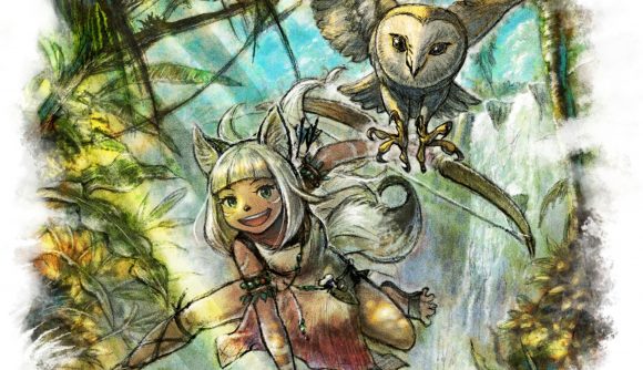 A young white-haired girl with animal ears jumps beside a flying owl in Octopath Traveler 2