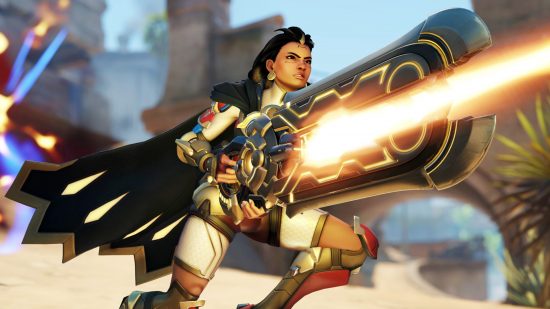 Overwatch 2 director update: A woman wielding a giant glowing weapon runs with it in hand
