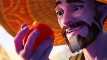 A purple-skinned bearded man from Palia wears a straw hat and holds a red apple in his hand