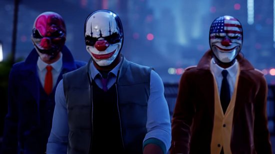 Payday 3 Ice-T: three men wearing suits and clown masks walk down a lit street in the night