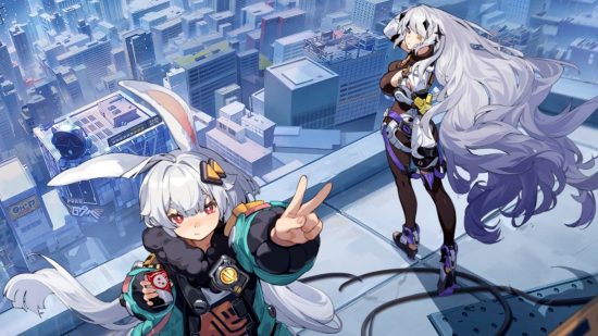 Project Mugen: An anime-style boy and girl stand on a roof top, both with white hair