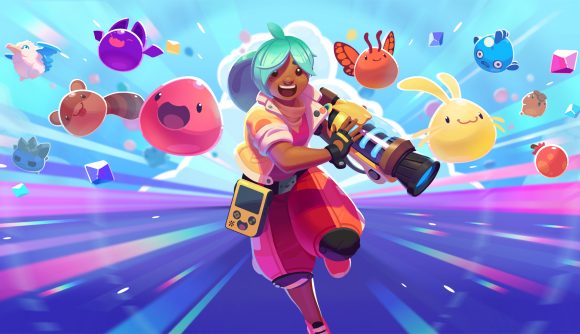 Slime Rancher movie: a woman with turquoise hair wields a blaster gun and runs, surrounded by adorable slime creatures of all colors