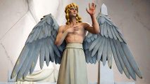 Solium Infernum strategy game: an angelic being with long blond hair stands with their feathered wings open