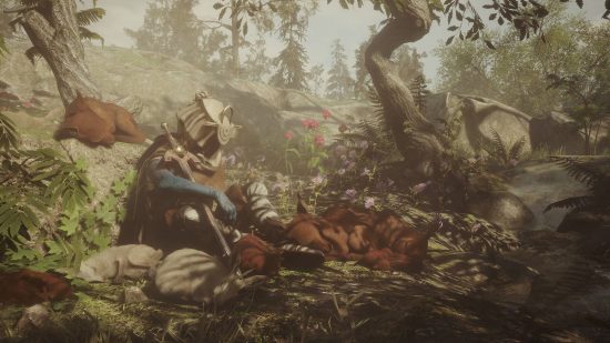 Soulframe release date: A warrior sits in a forest surrounded by animals