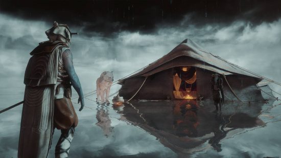 A woman in armor stands in front of a tent with a campfire in it on a water area with a dark sky