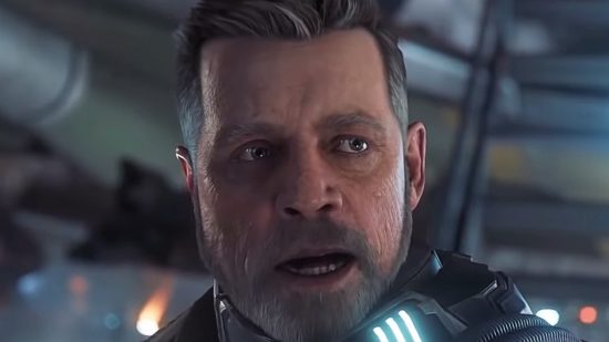 Star Citizen character with a short grey haircut and well-groomed grey facial hair stares ahead with his mouth open