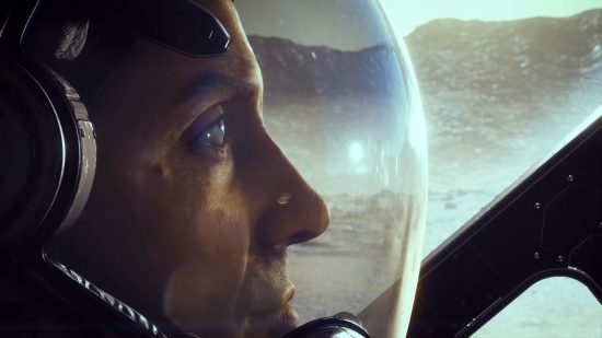 A male astronaut from Bethesda's upcoming RPG Starfield looks out through his helmet at a barren planet
