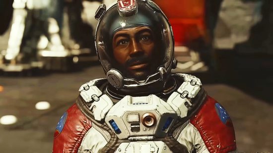 Starfield menu response: A man wearing a red and white space suit looks through his helmet up at the sky