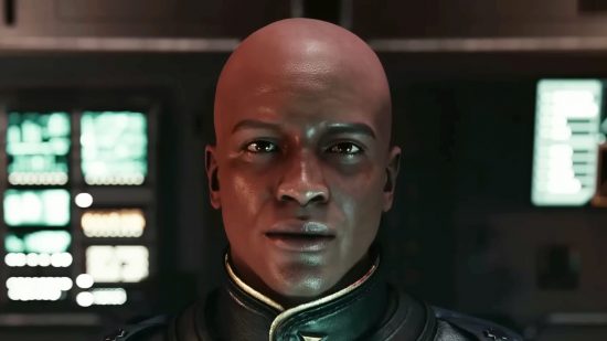 Starfield preload: a bald male character stares ahead