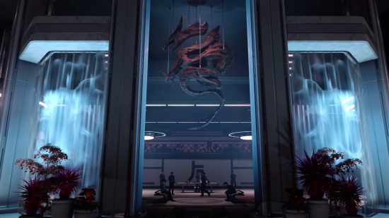 Starfield Ryujin Industries dragon symbol is seen hanging over the entrance to the faction's headquarters