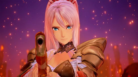A pink-haired girl stands in front of a purple, starry background holding a pistol before herself