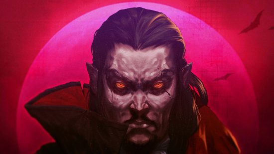 A red-eyed, pale vampire glares on before him with a red moon shining behind him