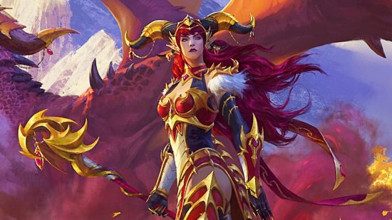 A red-haired woman stands beside a red dragon, holding a staff and wearing gold and red armor