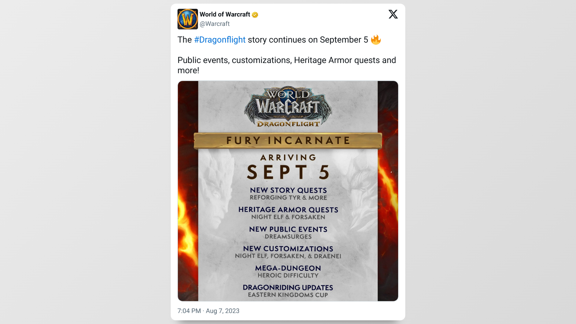 Tweet from World of Warcraft's official account discussing the patch release date