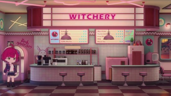 A cute pink coffee shop called Witchery with diner-style decor and a little red-headed cartoon girl standing in it