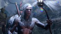 As the age of survival horror ends, the reign of magic games begins: A shirtless man with long, straggly white hair and heavily scarred face holds up a lantern in a dark area with a sword on his back