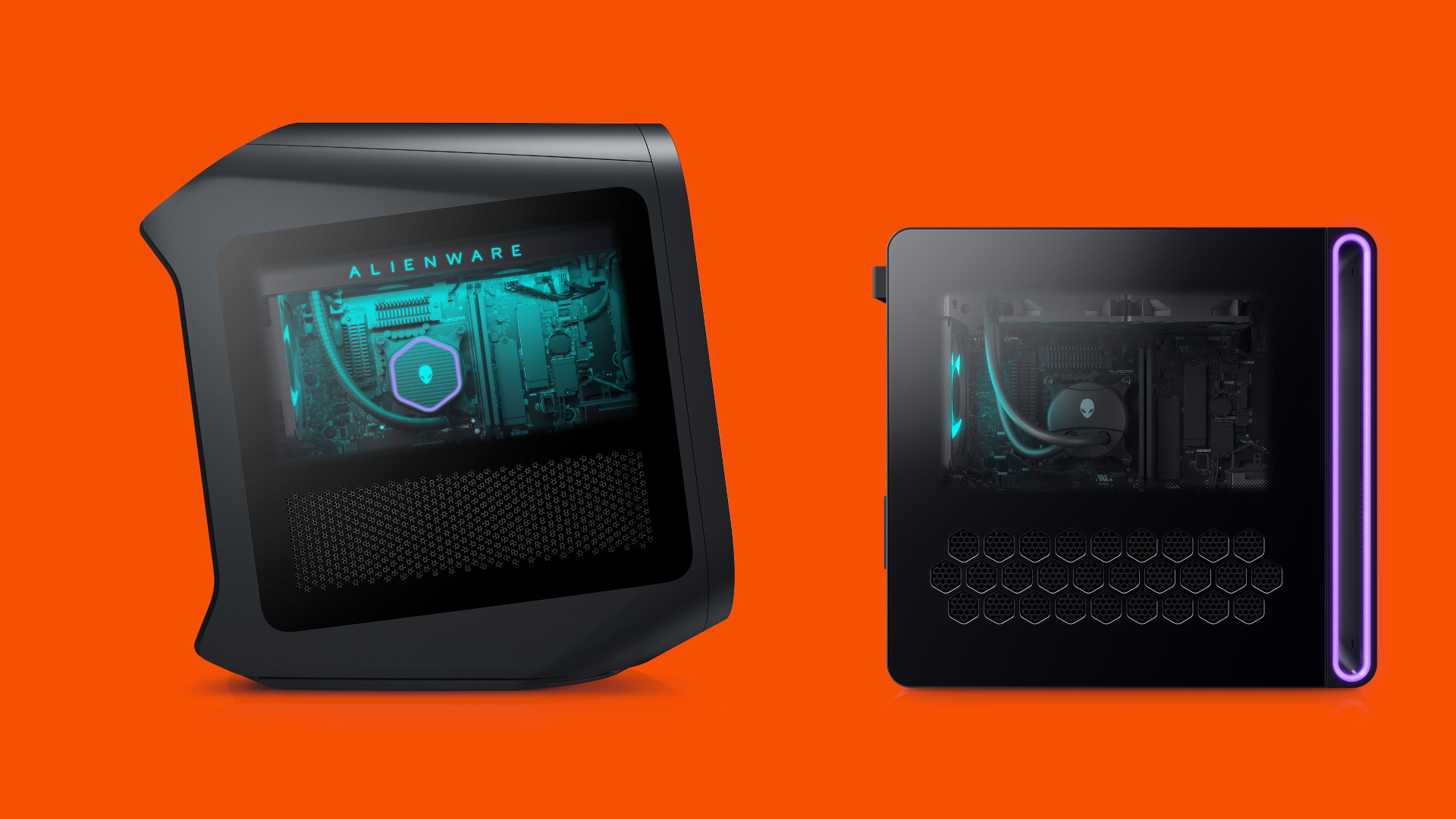 Eine Seitenansicht des Alienware Aurora 15 (links) und Aurora 16 (rechts)