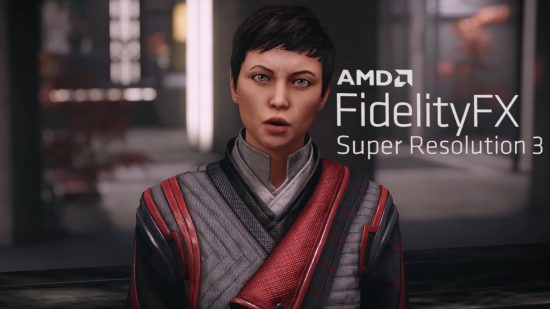 A Starfield NPC standing next to a floating logo for AMD FSR 3