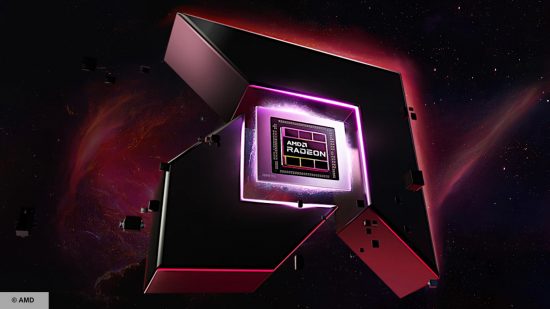 The AMD Radeon logo, shining purple, against an interstellar background