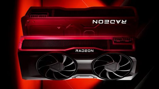 AMD Radeon RX 7700 XT: o redare 3D a unei plăci grafice Radeon pe un fundal roșu