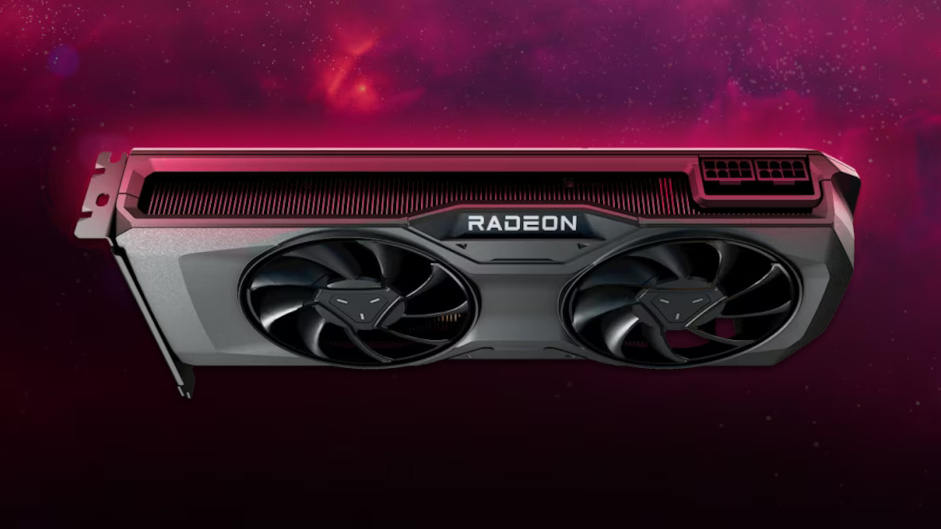 AMD RADEON RX 7700 XT Specifiche: una scheda di riferimento per la serie AMD Radeon RX 7000 galleggia contro una nebulosa rosso scuro