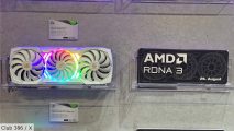 AMD Radeon RX 7800 XT: A picture showing two GPUs, the RX 7900 XTX (left) and an RDNA 3 cutout (right) are on display