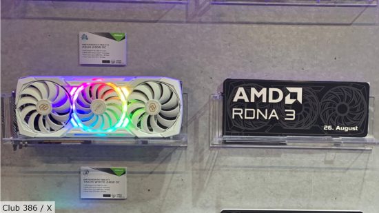 AMD Radeon RX 7800 XT: A picture showing two GPUs, the RX 7900 XTX (left) and an RDNA 3 cutout (right) are on display