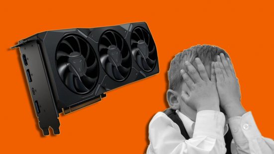 AMD Radeon RX 7800 XT Power Color listing specs: an AMD Radeon GPU appears next to a boy with his head in his hands on an orange background.
