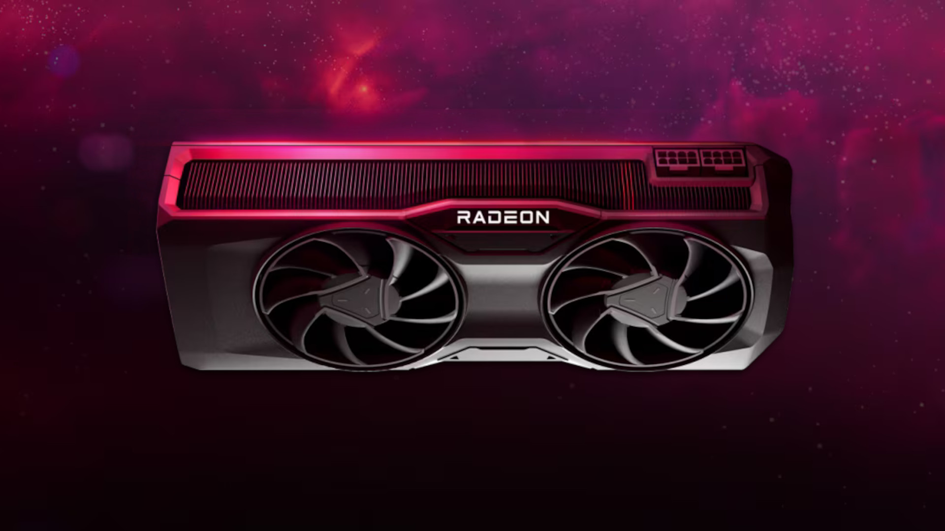 AMD Radeon RX 7800 XT specs: A Radeon reference graphics card floats against a dark red nebula background