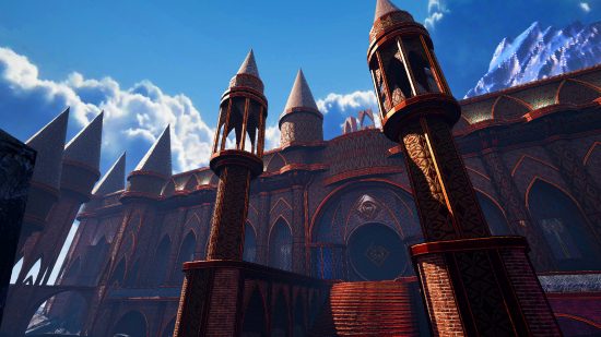 Amid Evil The Black Labyrinth: un castillo gigante con torres ornamentadas.