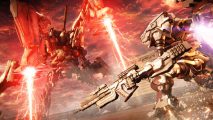 Armored Core 6 release times for every region: Two heavily armed mechs face off against each other, bathed in a red glow.