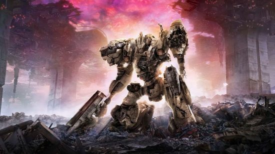 Armored Core 6 leg types: a mech stands against a red and purple sunset