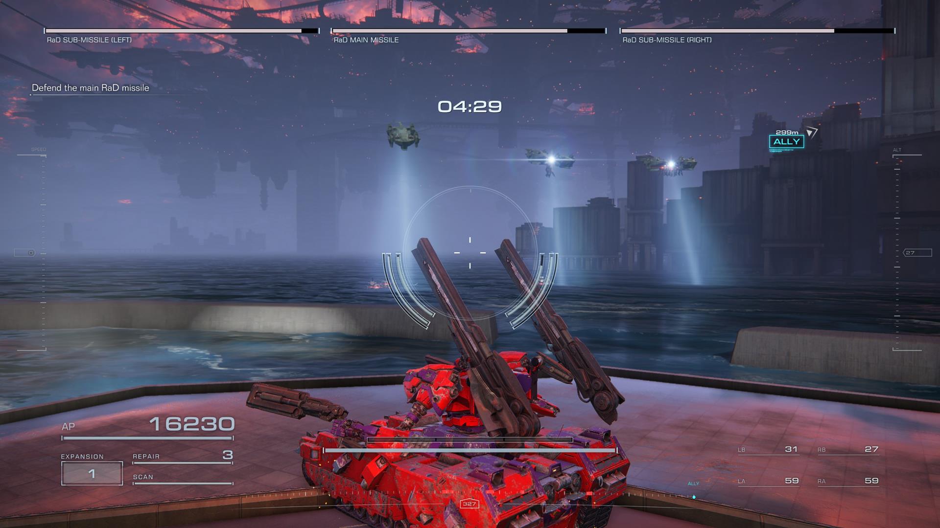 Armored Core 6 missions: an Armored Core in tank mode during a combat encounter.