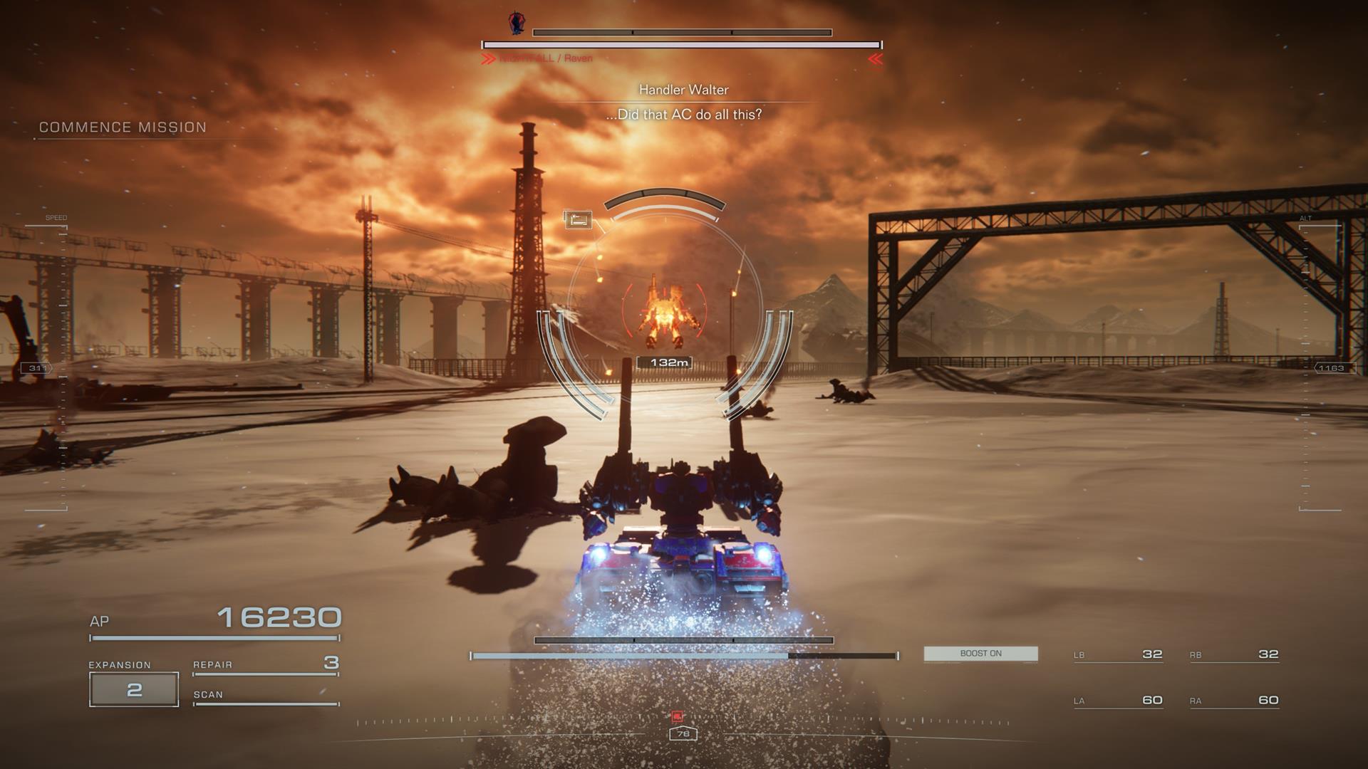 Armored Core 6 missions: An Armored Core engaging in battle while the sky turn an intense yellow.