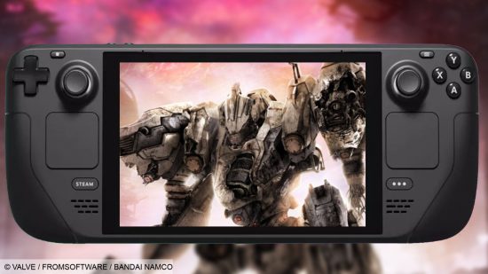 Image of a robot from Armored Core 6 on the screen of a Steam Deck.