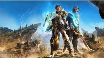 how long is atlas fallen: two main characters stand on a sandy rock with a blue sky background