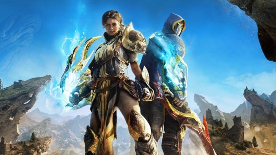 Artwork of two heavily-armed Atlas Fallen characters set against a blue sky