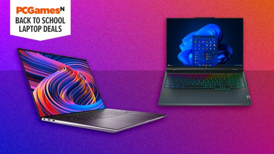 Back to school laptop deals 2023 - a Dell and Lenovo laptop on a purple gradient background