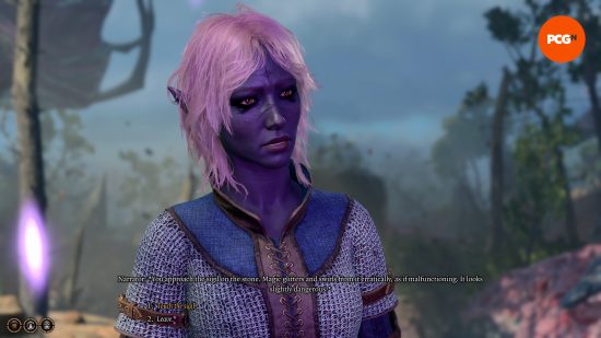 A purple-skinned elf woman with messy pink hair wearing armor stands in a forest setting