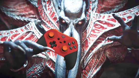 Baldur's Gate 3 controller support: Baldur's Gate 3 Mindflayer holding a red Xbox controller.