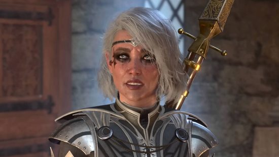 Baldur's Gate 3 error code: a silver haired character with black eye makeup wears a sword on her back and silver armor