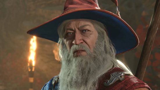 Baldur's Gate 3 Game Pass: A Wizard in red robes and wearing a red hat, bearing a resemblance to Gandalf from Lord of the Rings.