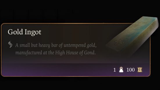 The in-game item description for Baldur's Gate 3 gold ingot.