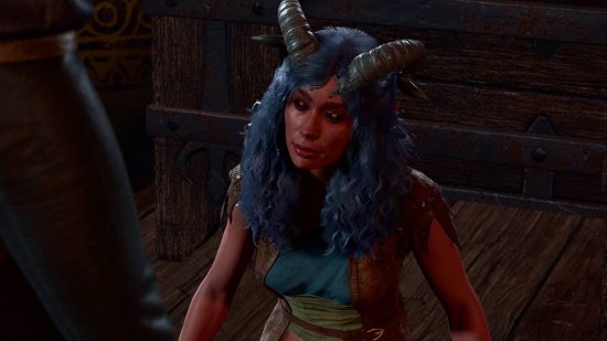 One of the quests is to help Pandirna in Baldur's Gate 3. She is a Tiefling with blue hair, red skin, and big horns. She is currently paralysed from the waist down.